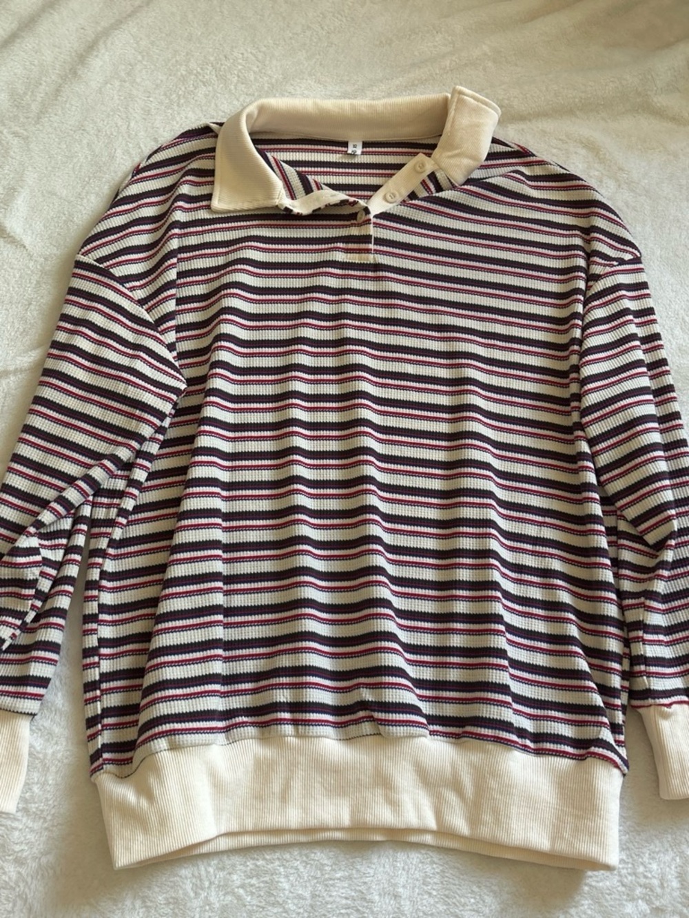 Striped Long Sleeve Polo Top in Cream and Burgundy - Picture 2 of 3
